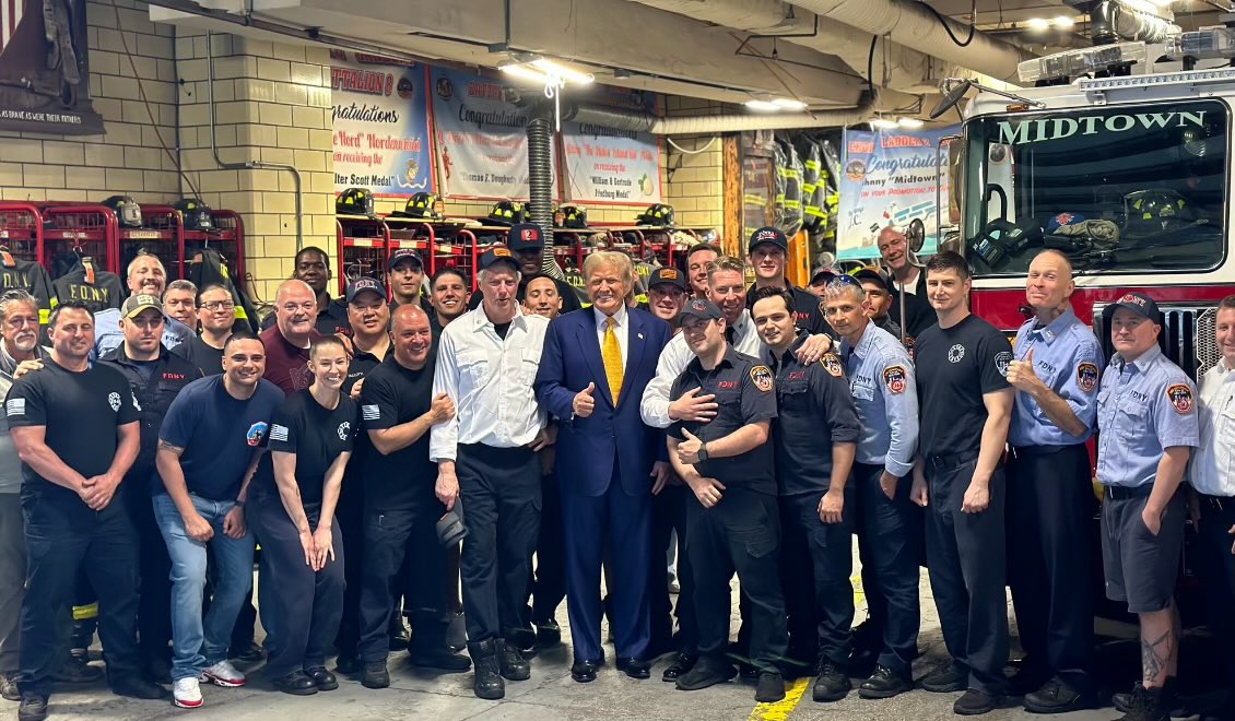 The courtroom IS the campaign trail. After another mindnumbing day in his sham trial, #Trump visits a Midtown Manhattan firehouse.