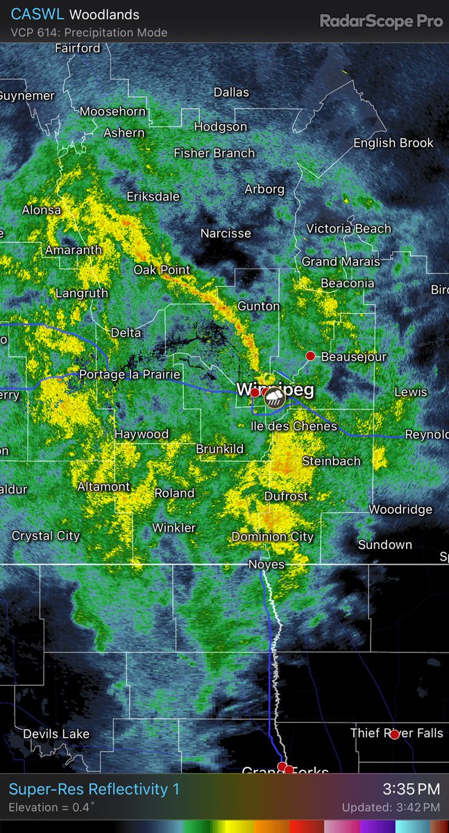 Rain at times heavy in Southern Manitoba CASWL - Super-Res Reflectivity 1 3:35 PM #MBStorm