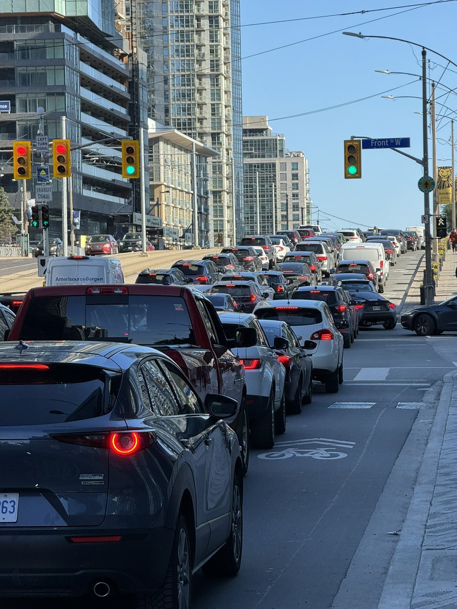 ZERO bikes were involved in this nightly car traffic jam on Spadina. 

Also tonight, 100 bikes passed me on my walk along Wellington from Bathurst to Spadina. That would have been 1 km of cars if they drove instead. Those clinging to cars, you’re welcome.