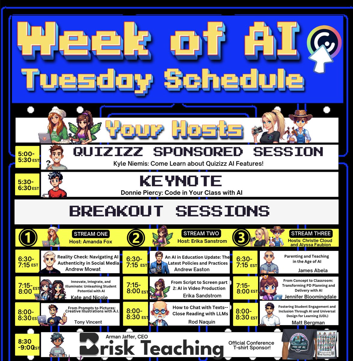 Tuesday's schedule for #WeekofAI is now live! 💡 Don't miss out on this incredible opportunity to level up your skills! Check out the schedule now and get ready for an epic day of learning and discovery! 🚀 #AIineducation #AIClassroom @briskteaching @quizizz