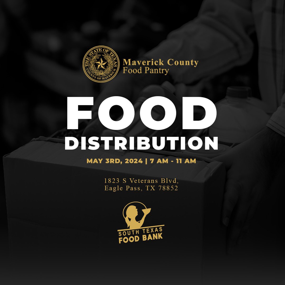 🍲 FOOD DISTRIBUTION 🍲

Join us this Friday, May 3, 2024, from 7 am to 11 am at 1823 S Veterans Blvd, Eagle Pass TX, for a food distribution event open to all Maverick County residents.  🥫🍞 #FoodDistribution #CommunitySupport