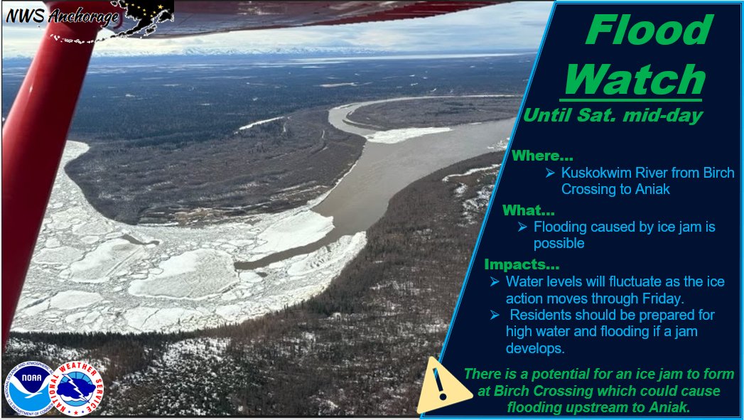 Flooding caused by ice jams is possible for the Kuskokwim River from Birch Crossing to Aniak. Therefore a flood watch has been issued for this area through mid-day Saturday.