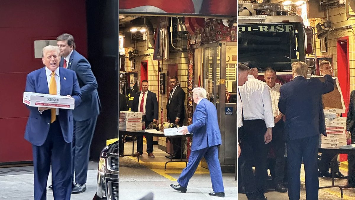 Trump took pizza to hang out with New York Fire Fighters after a day in court... because he's cool like that.