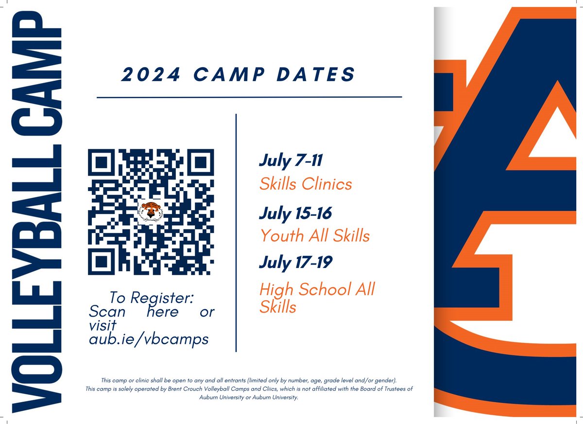 DO NOT FORGET to register for volleyball camps this summer! The best way to sharpen your skills for next season! REGISTER NOW 👉aub.ie/vbcamps #WarEagle x @AuburnVBCoach