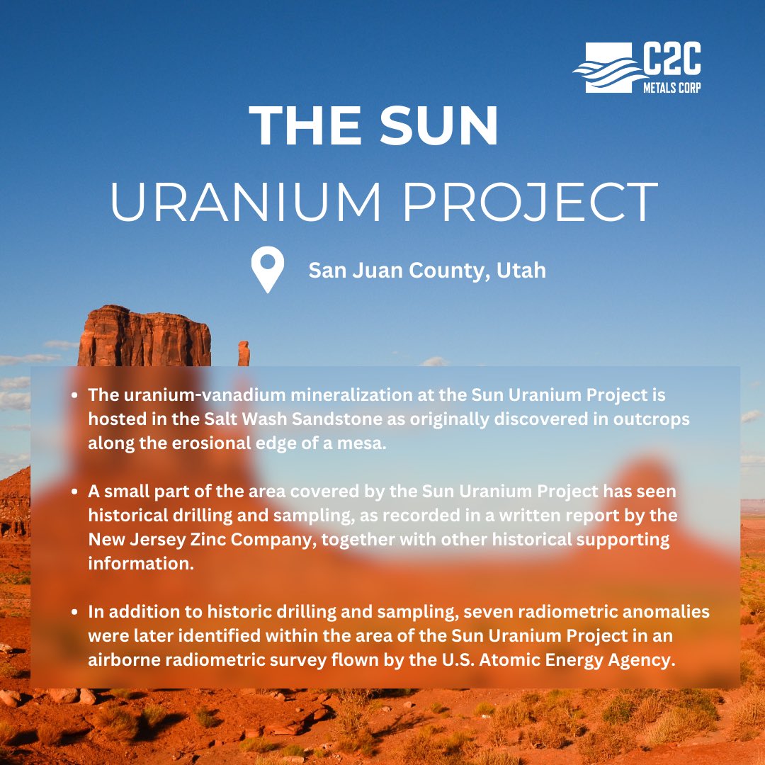 ☀️The Sun Uranium Project☀️

📍San Juan County, Utah

Highlights:

👉🏻 The uranium-vanadium mineralization at the Sun Uranium Project is hosted in the Salt Wash Sandstone as originally discovered in outcrops along the erosional edge of a mesa.

👉🏻A small part of the area covered…