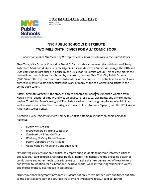 🗣️Very excited @NYCSchools’ press release about Civics For All Comics Group’s 2 MILLIONTH comic‼️with some fantastic quotes from some of the bc wonderful creators we work with! @wendymink @gregpak Kelly Sue Deconnick @andrewaydin Judy T Wu schools.nyc.gov/about-us/news/…