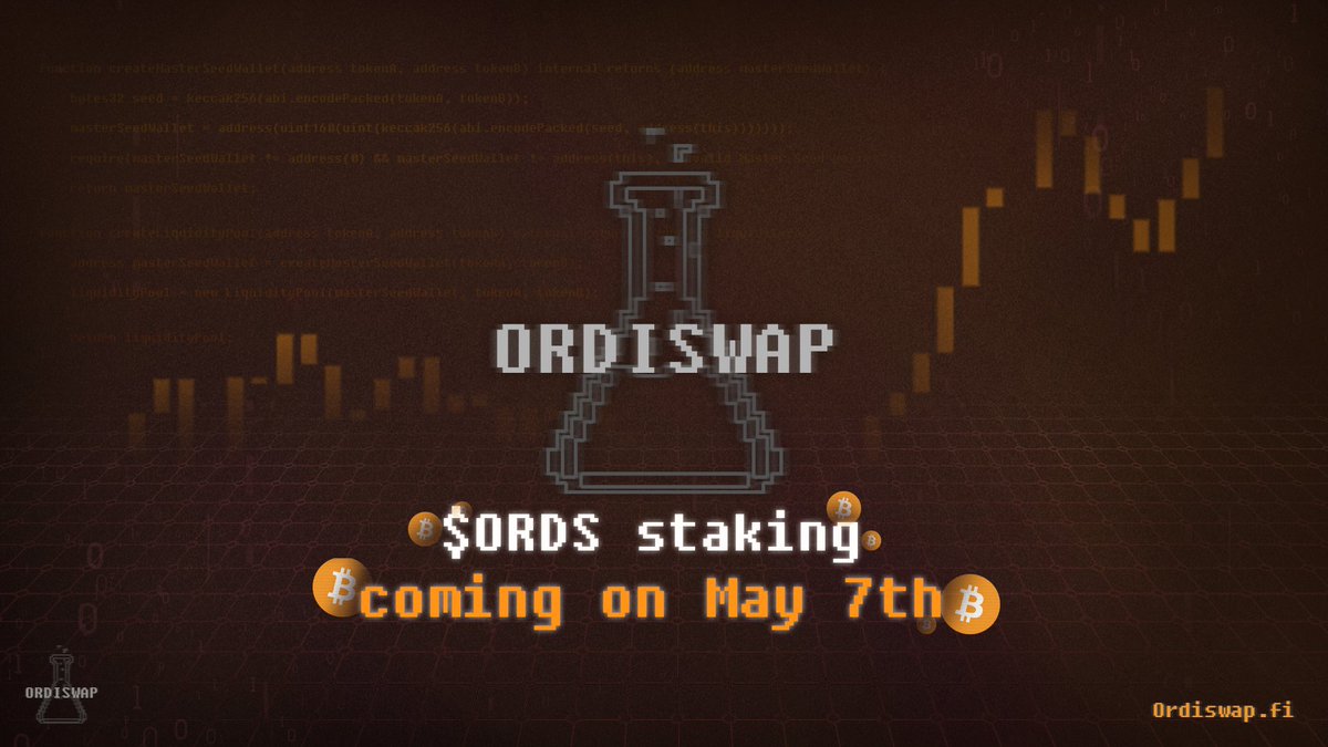 🥁 $ORDS staking will go live on May 7 🧪 Our staking module is a crucial element to the V3 build — a significantly upgraded AMM in functionality, infrastructure and backend on Bitcoin's native layer. Starting May 7, users will be able to stake $ORDS — Ordiswap's native ERC-20…