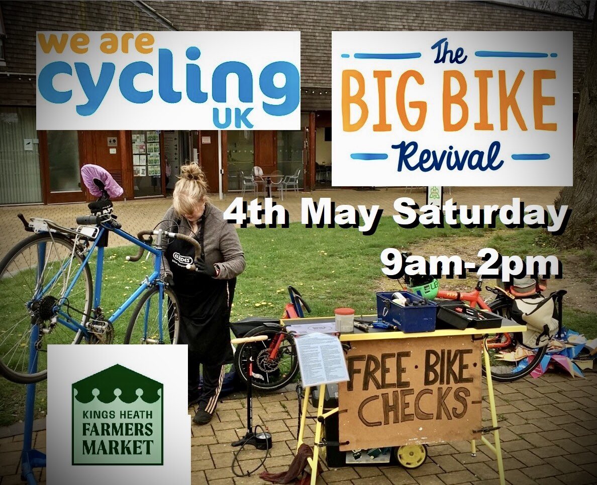 2 days 2 sessions —— Bike Kitchen Friday 3rd May @MoseleyHive 3-7pm Dr. Bike Saturday 4th May @kingsheathfmkt 9am - 2pm All activities free to the public funded by @WeAreCyclingUK #ridebikes #birminghamcycling #freebikechecks #drbike
