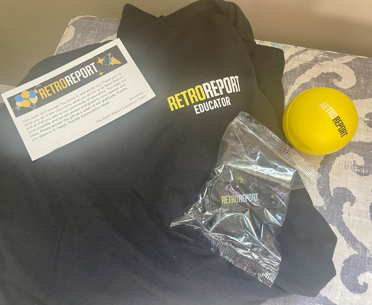 Such a nice surprise to come home from school and have a box of swag from @RetroReport!! If you haven’t checked out their resources, subscribe to their newsletter!! They only send out one a week! retroreport.us8.list-manage.com/track/click?u=…