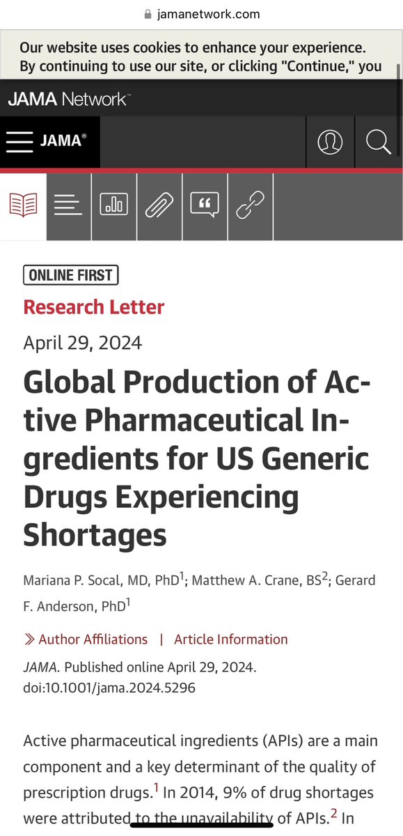 Our paper on the global production of APIs experiencing US #drugshortages found that facilities producing APIs with shortages were very large - some produced 100+ APIs. No diff in year of last FDA inspection or in receiving a warning letter. with @MatthewA_Crane @JAMA_current