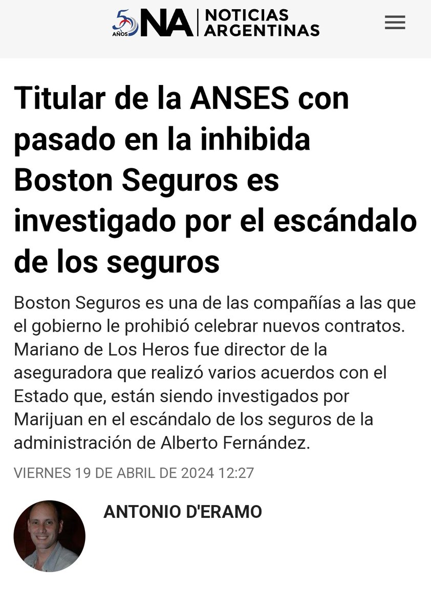 Boston Seguros inhibida y con prohibición de contratar con el Estado. Su entonces Director Mariano de los Heros es ahora Director de Anses. El mismo que le pagó 32 millones a Alberto Fernández casualmente imputado por delinquir con los seguros 🤔 noticiasargentinas.com/economia/titul…