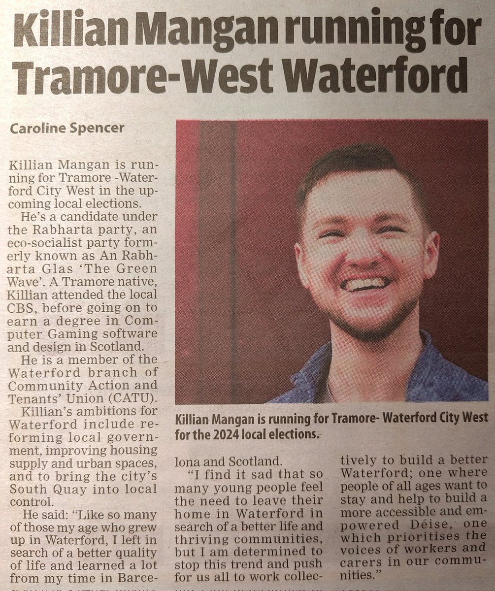 Thanks to @Car_Spencer545 and @WaterfordNS for covering the launch of my local election campaign!

Full article: waterford-news.ie/2024/04/26/kil…

#LocalElections2024 #LocalMedia #Waterford #Deise #LocalElections #IrishPolitics #Ireland #Democracy #Localism