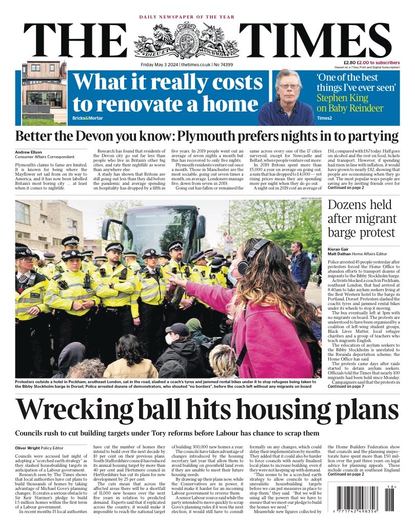 Friday’s TIMES: “Wrecking ball hits housing plans” #TomorrowsPapersToday