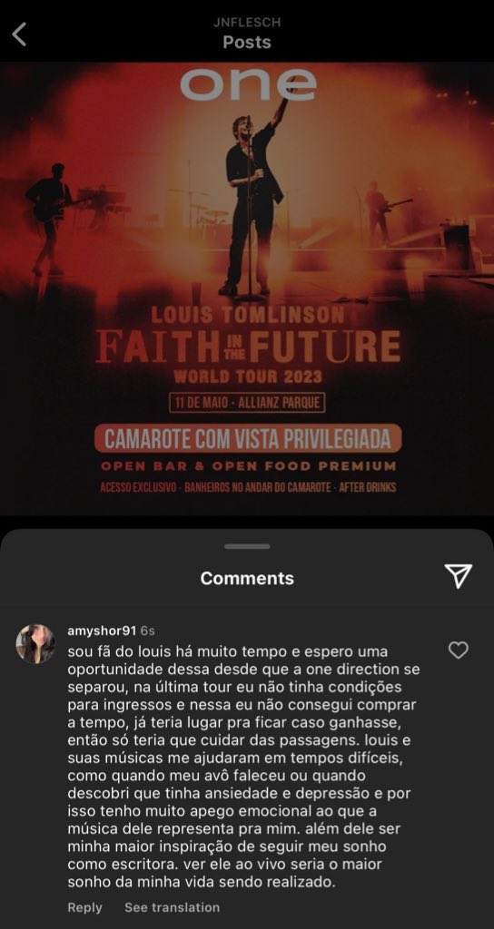 i REALLY need yalls help, im on the run to get 2 tickets for louis tomlinson's show in brasil, but to actually get it, i need to have the most liked comment on this post of @jnflesch on instagram! can u help me get it? it would be great if u could also repost this 🥹🫶🏻 (amyshor91