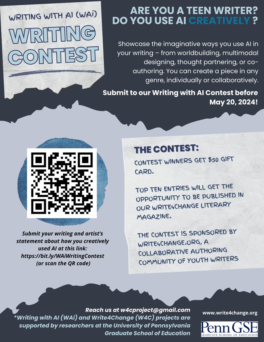 Please share/repost! Our Writing with AI writing contest with and for young people is live. write4change.org/writing-with-ai