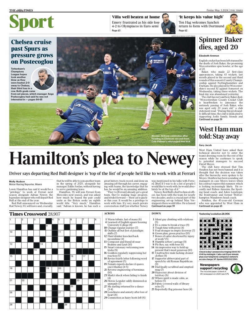 Friday’s TIMES Sport: “Hamilton’s plea to Newey” #TomorrowsPapersToday