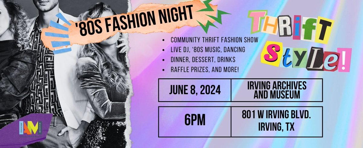 Are you ready to have the time of your life?! Dust off those leg warmers and tease up that hair! Get ready to pump up the jam in TOTALLY '#80s style! In celebration of the exhibition #ThriftStyle, IAM is hosting an ALL-OUT '80s BASH! #80sFashionNight

Tix: irvingarchivesandmuseum.com/80s-fashion-ev…