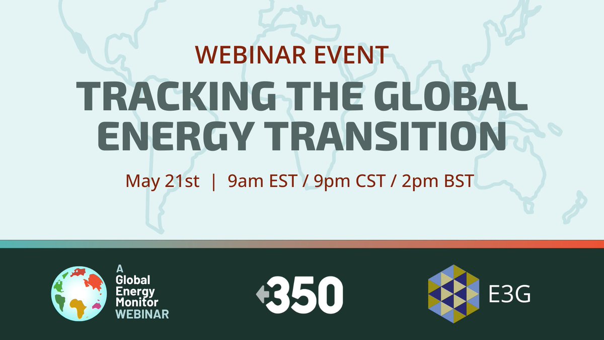 ❗️ Want to stay ahead in the fight against climate change? Join us on May 21st for a webinar hosted by @GlobalEnergyMon & @350, where we'll introduce the Global #EnergyTransition Tracker. Secure your spot today: zoom.us/webinar/regist…