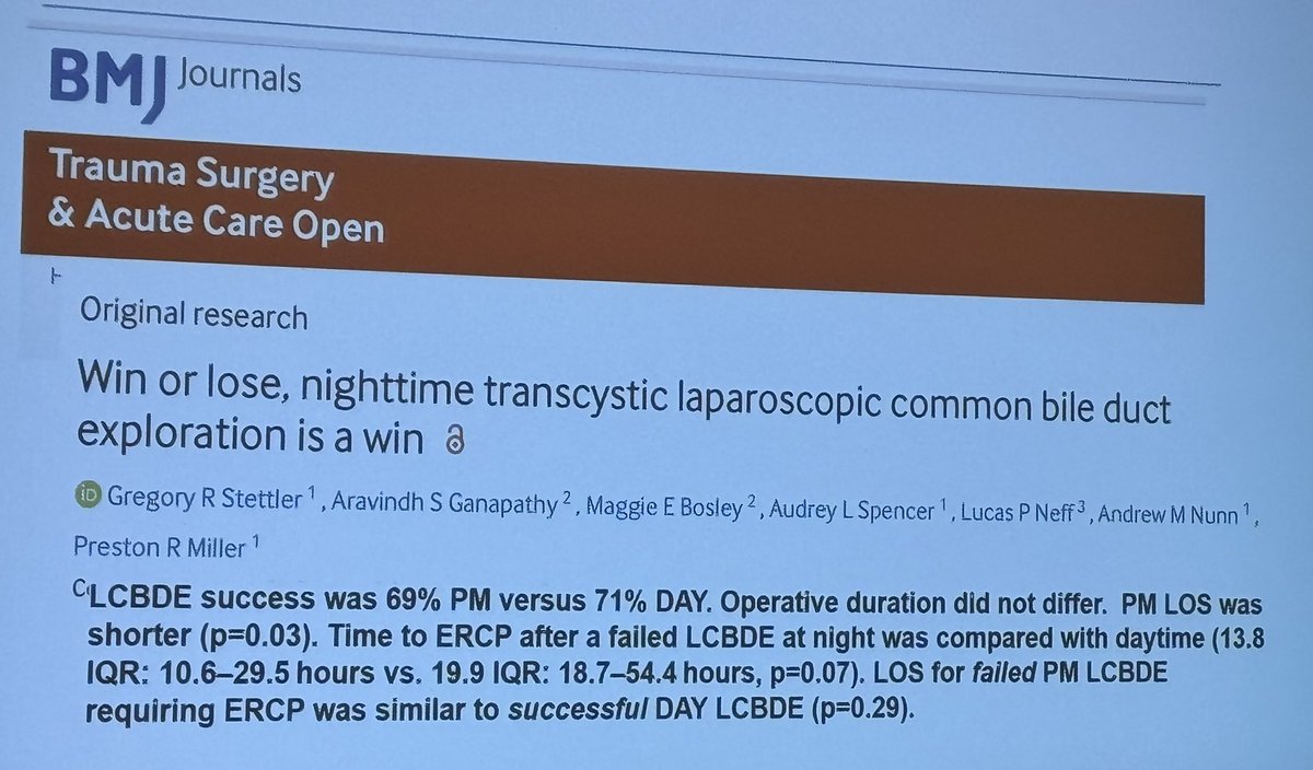 So far, my favorite pix of @TSACO_AAST paper on a slide at #PCPACS2024 by @prmillerIII “Win or lose, nighttime transcystic laparoscopic common bile duct exploration is a win” tsaco.bmj.com/content/8/1/e0…