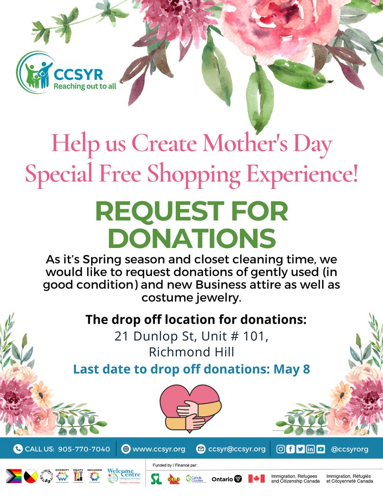 Help us create a free shopping experience for the guests at CCSYR's upcoming Mother's Day event! Drop off your gently used or new Business attire at 21 Dunlop St, Unit # 101, Richmond Hill. 
#donationdrive #mothersdayspecial #springcleaning #yorkregion #ccsyr #communityengagement
