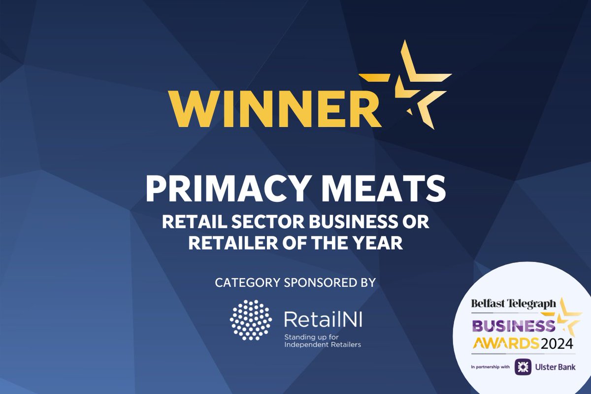𝐁𝐞𝐥𝐟𝐚𝐬𝐭 𝐓𝐞𝐥𝐞𝐠𝐫𝐚𝐩𝐡 𝐁𝐮𝐬𝐢𝐧𝐞𝐬𝐬 𝐀𝐰𝐚𝐫𝐝𝐬 𝟐𝟎𝟐𝟒 Congratulations to Primacy Meats on winning the Retail Sector Business or Retailer of the Year award, sponsored by @retail_ni 🏆 👏 #BelTelAwards | tinyurl.com/yc2u2p5z