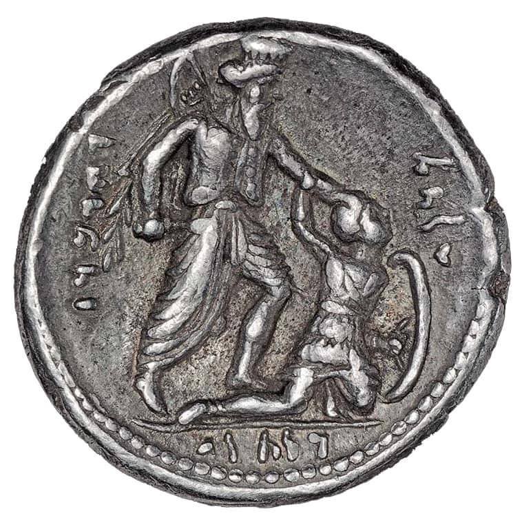 Drachma of Vahbarz/Oborzos, depicting on the reverse an Achaemenid king killing a possibly Greek-Macedonian soldier.