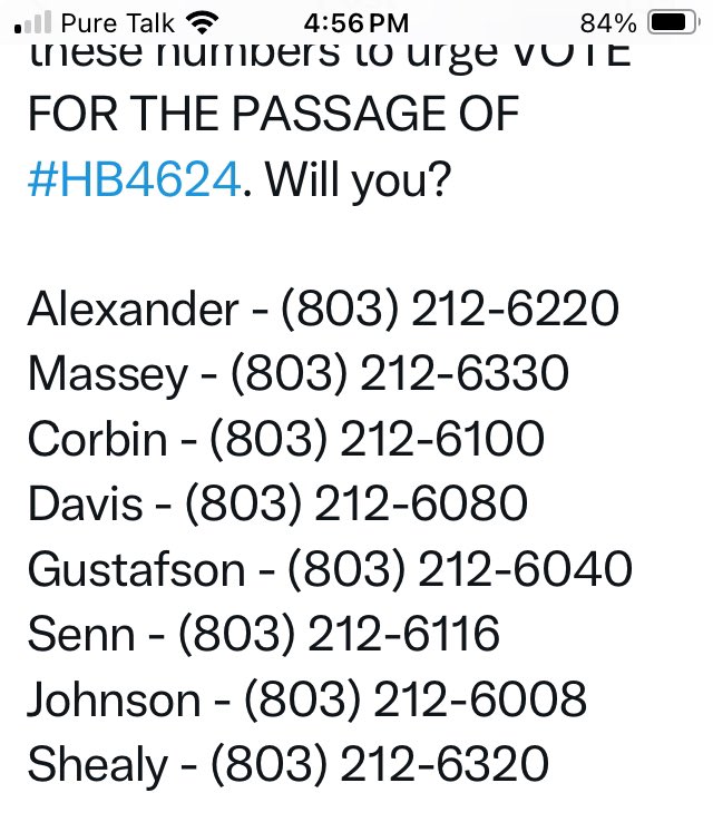 I have been calling all the senators of South Carolina to encourage them to vote for #HB4624 the bill to stop the mutilation of children through evil “ gender affirming care”. The vote is tonight. Here are the numbers in case you want to call too.