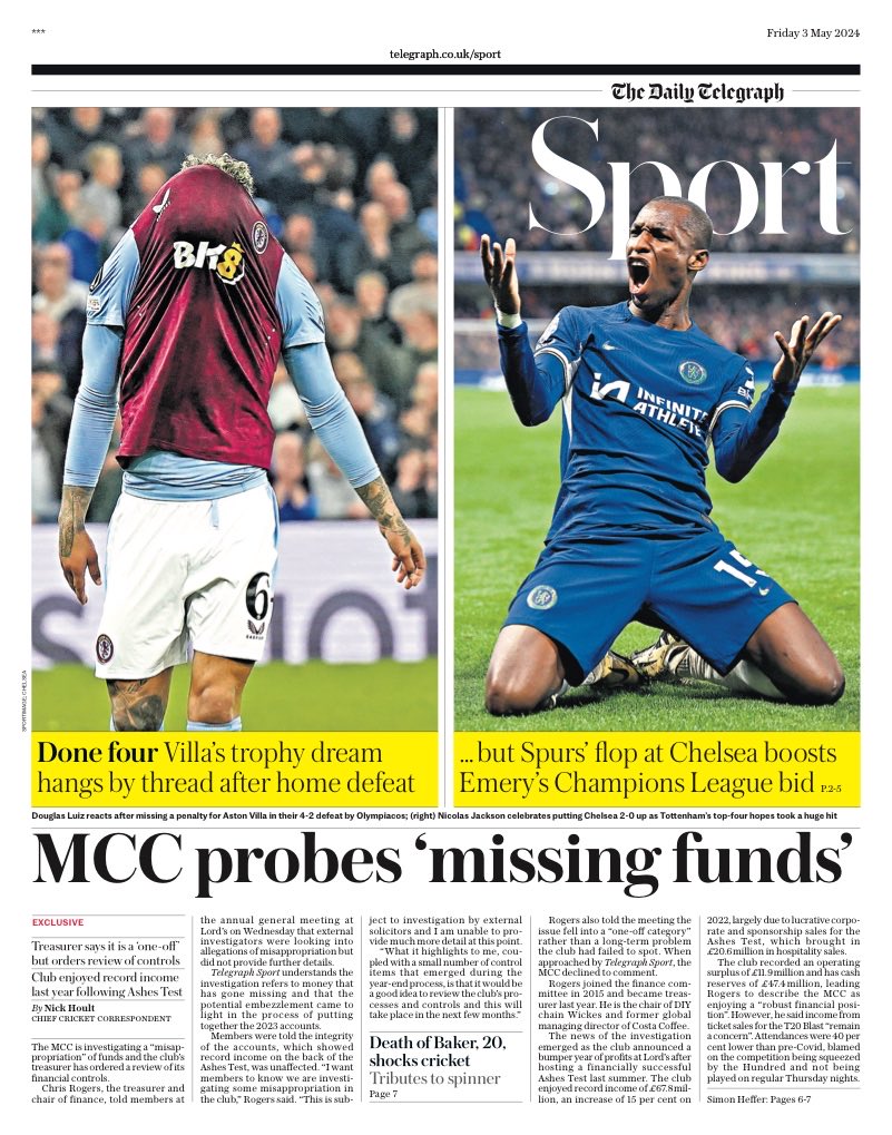 Friday’s TELEGRAPH Sport: “MCC probes ‘missing funds’ “. #TomorrowsPapersToday