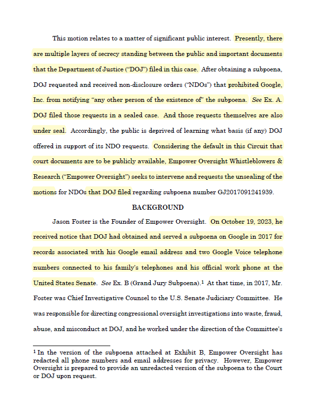 Highlight 🧵for our motion to intervene and unseal @TheJusticeDept arguments for hiding its broad subpoenas for phone and email logs of attorneys advising congressional oversight committees. ⬇️