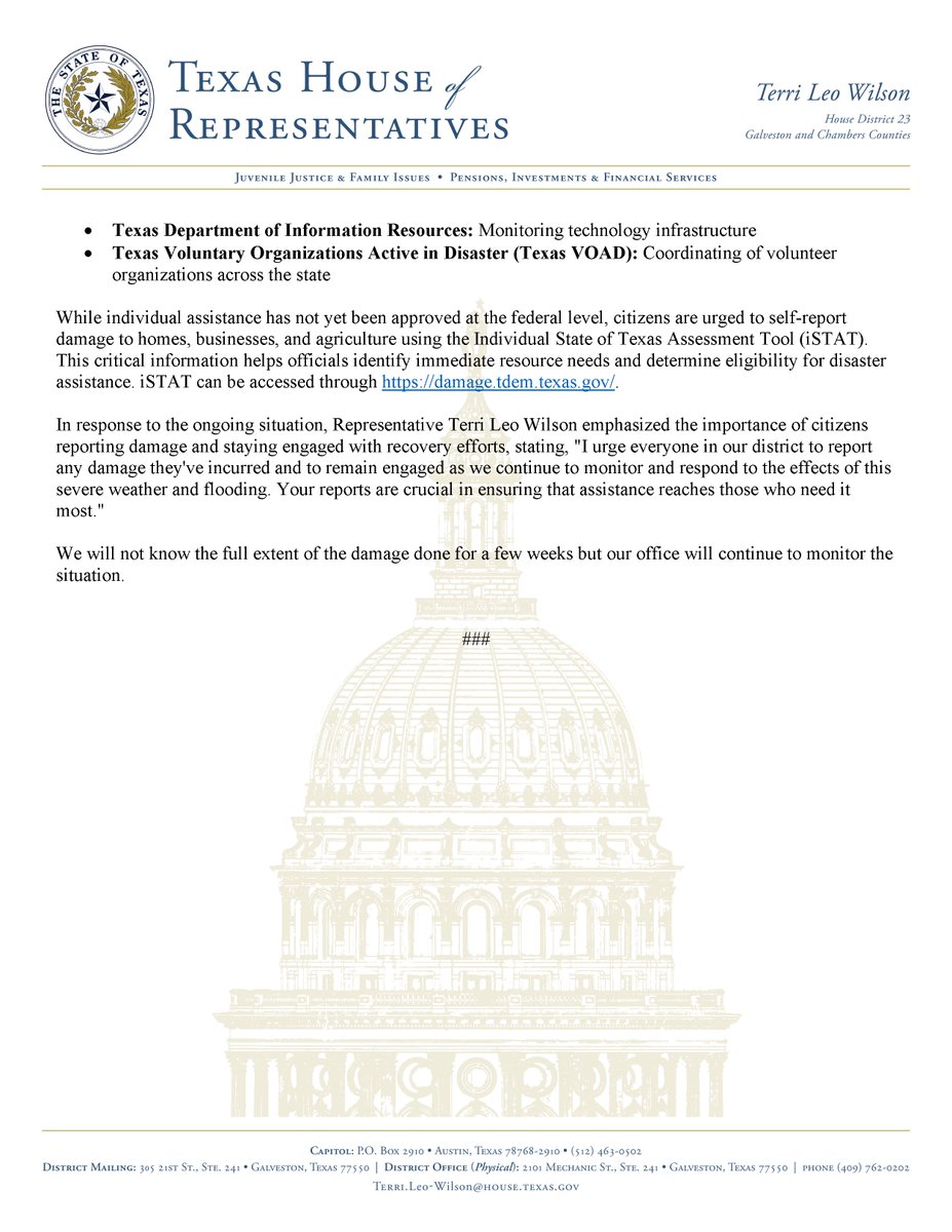 I urge everyone in our district to report any damage they've incurred and to remain engaged as we continue to monitor and respond to the effects of this severe weather and flooding. Your reports are crucial in ensuring that assistance reaches those who need it most.