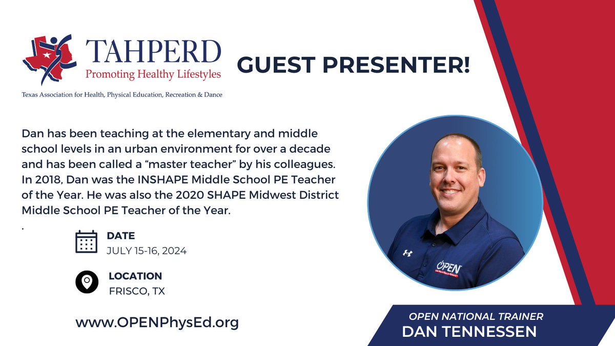 National Trainer @BigTennPhysEd is doing 2 #physed sessions at the @TexAHPERD Summer Conference in Frisco, TX this July! Visit the TAHPERD website at bit.ly/4aJ6qLw for information! #everydayisgameday #teachershelpingteachers