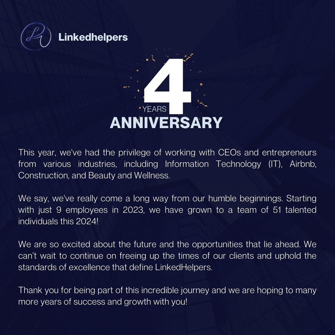 Today, we celebrate our 4th anniversary, and what a journey it has been! 🥂

Get Linked 🤝🏼 bit.ly/4aUXTp9 

#business2024 #businesssolutions #virtualsupport #LinkedHelpers #getlinked #entrepreneurlife #ceo
