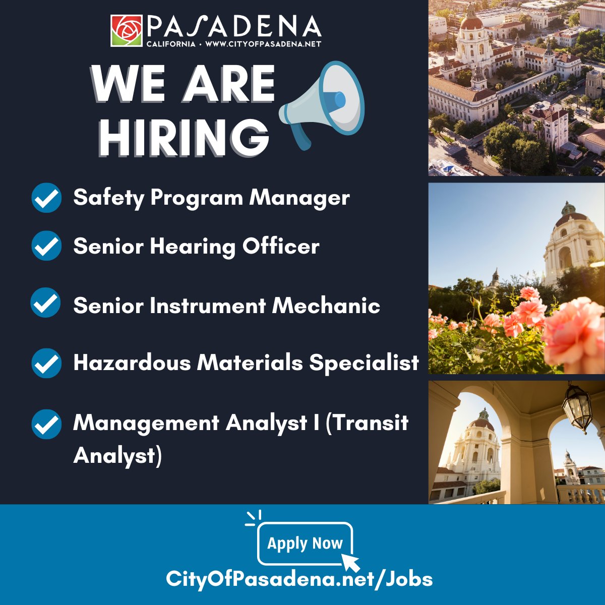 The City of Pasadena is hiring for various positions! Join our team and apply today at CityOfPasadena.net/Jobs.
