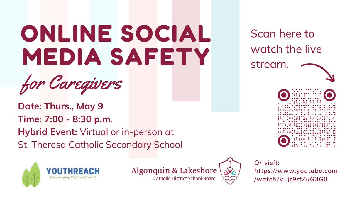 ALCDSB families are invited to attend a special presentation by @stleonardcspr on Online Safety for Caregivers on Thurs., May 9 from 7-8:30 pm. This event can be attended in person at @StTSecondary or online by visiting: youtube.com/watch?v=Jt9rtZ…