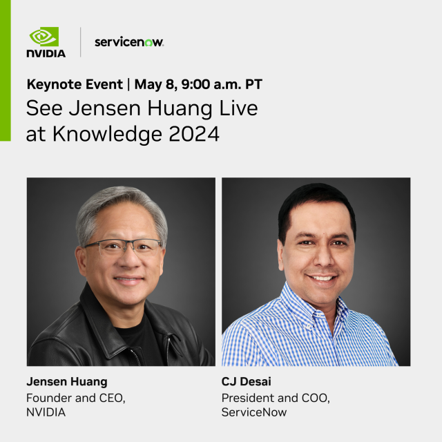 Save the date 📌 Watch NVIDIA Founder and CEO Jensen Huang live on stage with CJ Desai, President and COO of ServiceNow, as they discuss the potential #generativeAI has for businesses cross-industry. #Know24 bit.ly/44s6xcG