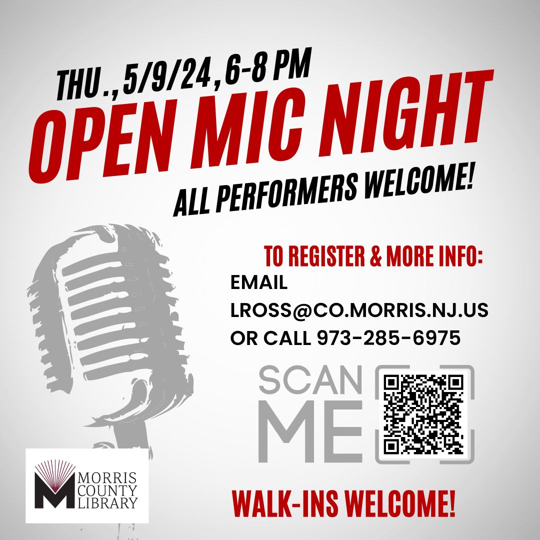 Just a week away until our next Open Mic Night!
Thursday, May 9th, 6:00-8:00 p.m.
We welcome performers of all genres to share their talents. For more info:

ow.ly/fYZF50Rufpi
.
.
 #OpenMicNight #LocalTalent #LivePerformance  #MCL #MorrisCountyLibrary #MorrisCounty