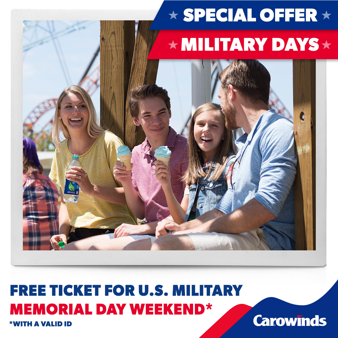 🎖️ Military Days return to #Carowinds! From May 24 to May 27, 2024, active and retired military receive free park admission with a valid U.S. military I.D. Plus, discounts are available for friends and family. Learn more: bit.ly/3UHni01