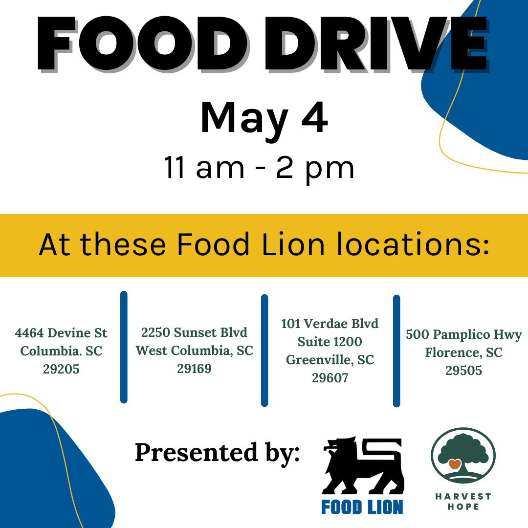 Join Harvest Hope at four Food Lion locations for a one-day food drive on Saturday. Grab a few extra items while shopping and donate on the way out to help feed the hungry in our community! #HarvestHopeFoodBank #FoodDrive