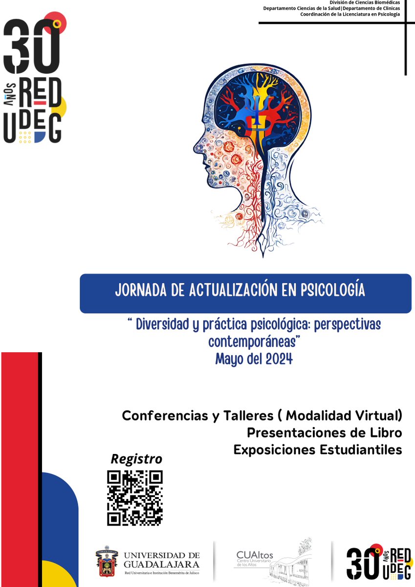 Participa en las próximas Jornadas de Actualización de Psicología del 20 al 24 de mayo. 📅 💻Habrá talleres y conferencias en modalidad virtual. 📔 También exposiciones estudiantiles y presentaciones de libros.