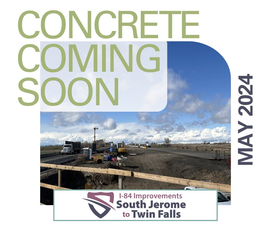 Coming soon: ✨Concrete!✨ Watch for trucks entering and exiting the median of I-84 between the South Jerome Interchange and the 400 South Road bridge! 🛣️ Check out the project website soon to see some cool pictures and videos of the paving process.😎 itdprojects.idaho.gov/pages/84jerome…