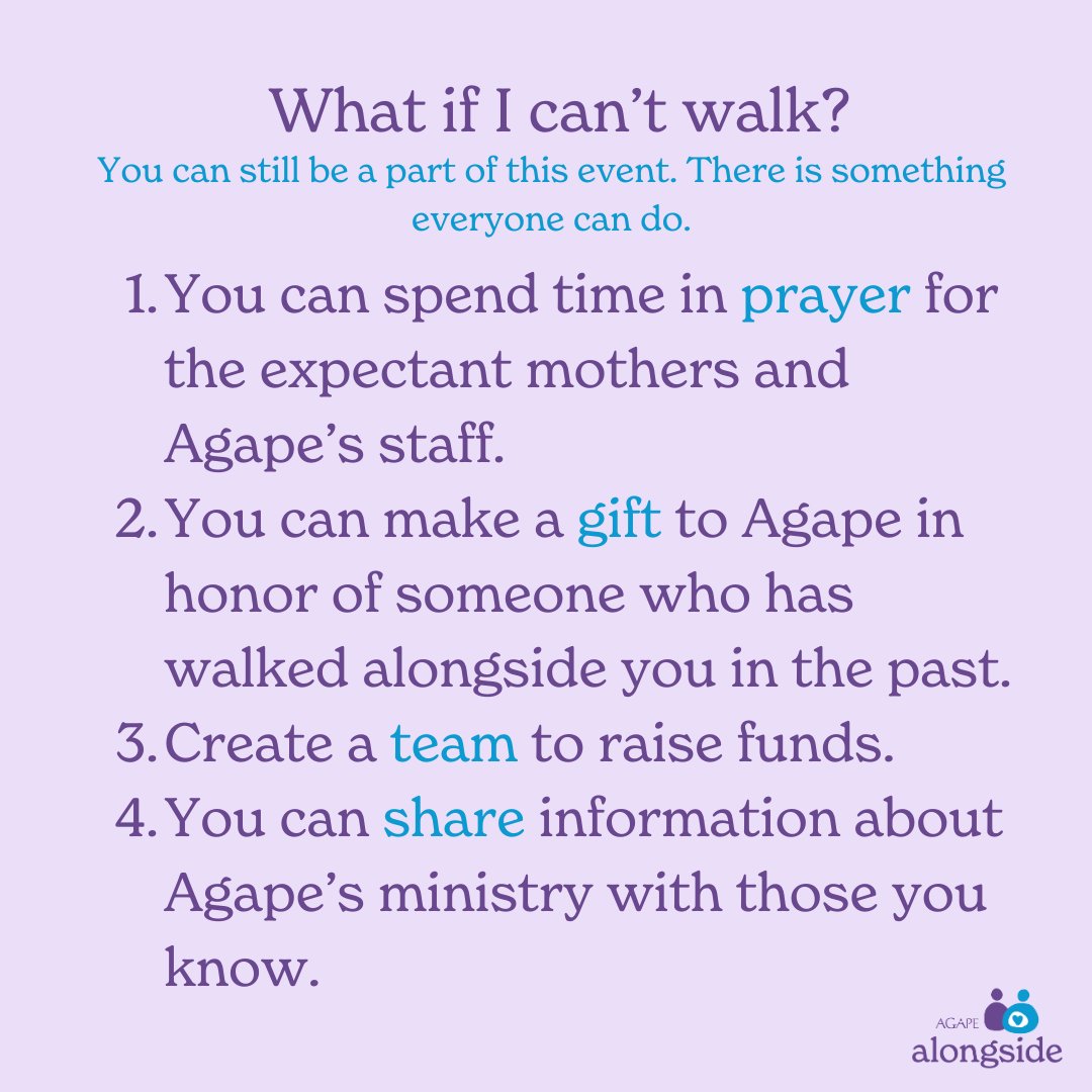 Agape4children's tweet image. We are just a few days away from our new opportunity for YOU to help us Walk Alongside Expectant Women in Crisis and our Maternity Program. Here are some things to help you prepare! Can't join us to walk? Check out the other ways you can still be involved! 

#alongside