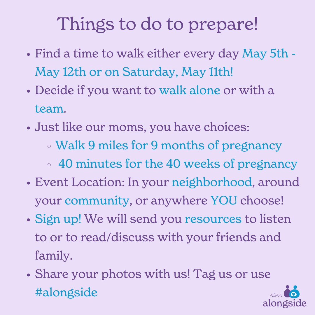 Agape4children's tweet image. We are just a few days away from our new opportunity for YOU to help us Walk Alongside Expectant Women in Crisis and our Maternity Program. Here are some things to help you prepare! Can't join us to walk? Check out the other ways you can still be involved! 

#alongside