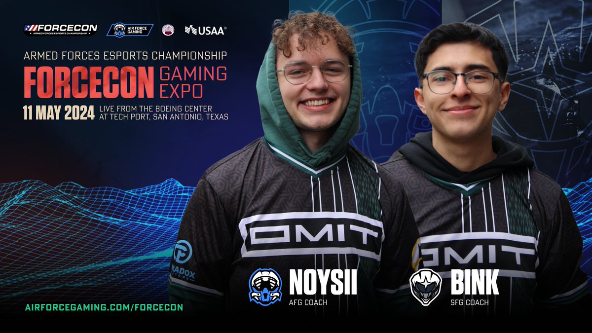 The Armed Forces Esports Championship in Call of Duty: Modern Warfare 3 at #FORCECON is almost here! Introducing our coaches: @Noysii | Assigned to @AirForceGaming @ImBink_ | Assigned to @ussfgaming 📅 May 11 📍 @BoeingCenterSA 🔗 airforcegaming.com/forcecon