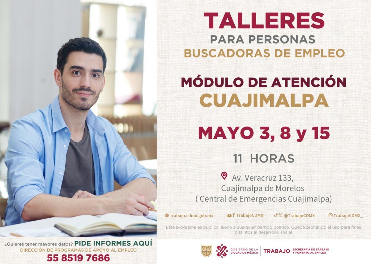 Actualiza tu CV y aprende a realizar una entrevista laboral en los talleres gratuitos que se impartirán en #Cuajimalpa🧑💼
📆 3, 8 y 15 de mayo
⏰ 11 horas 
🔗 bit.ly/3Ir1jDF
#TrabajoEnLaCiudad @TrabajoCDMX