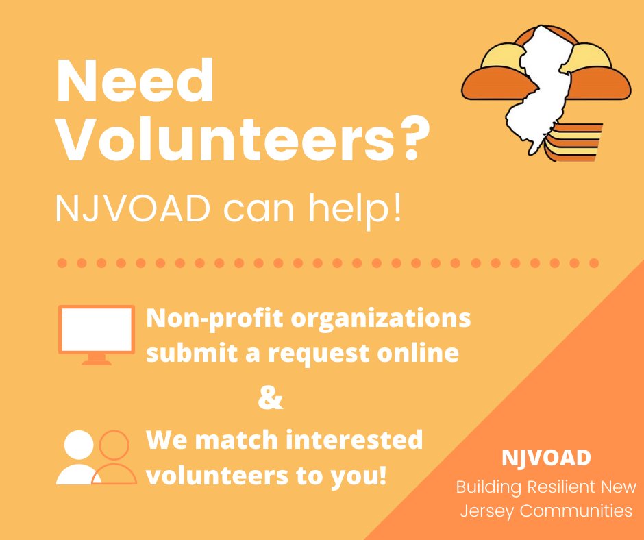 Can your organization use some volunteers? Let us know! We here at NJVOAD can refer volunteers to organizations in need ➡ njvoad.org/member-portal/… (Want to volunteer? Visit helpnjnow.communityos.org) #NJVOAD #communityresources #sticktogether #NJ #NewJersey