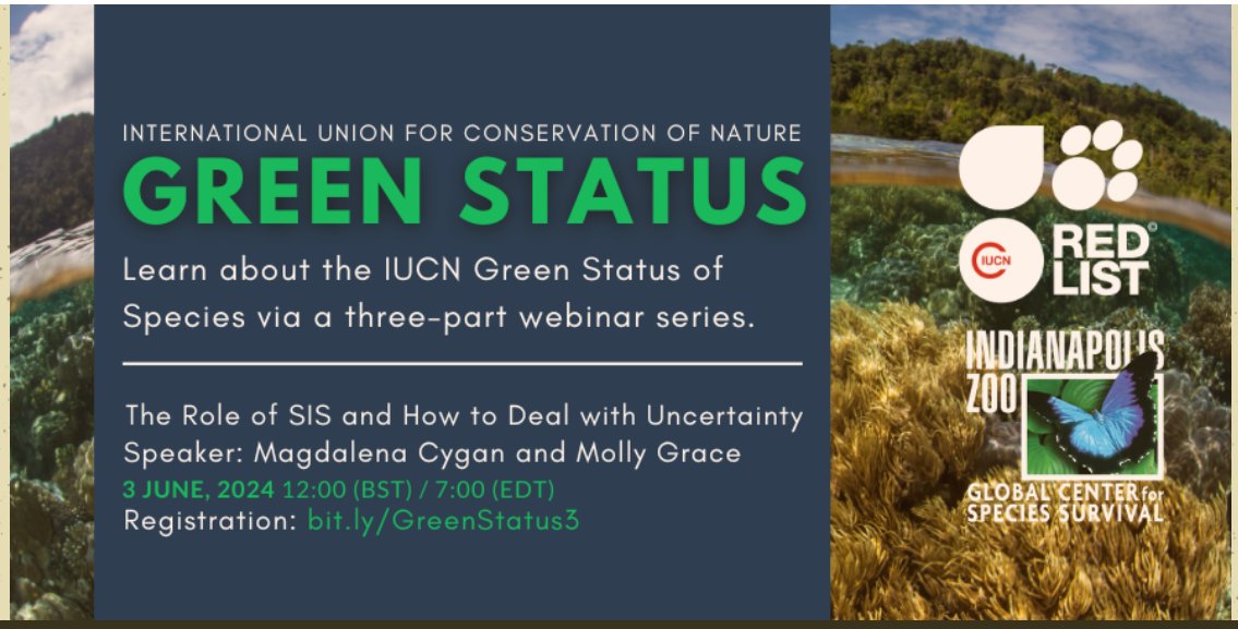 Join us for the last session of this three-part #WebinarSeries hosted by @ProtectSpecies, and learn about the Green Status assessment process in the IUCN's Species Information Service.
🗓 3 Jun 2024 at 11:00 AM UTC
🎙 @mollykgrace 
🔗 bit.ly/GreenStatus3
