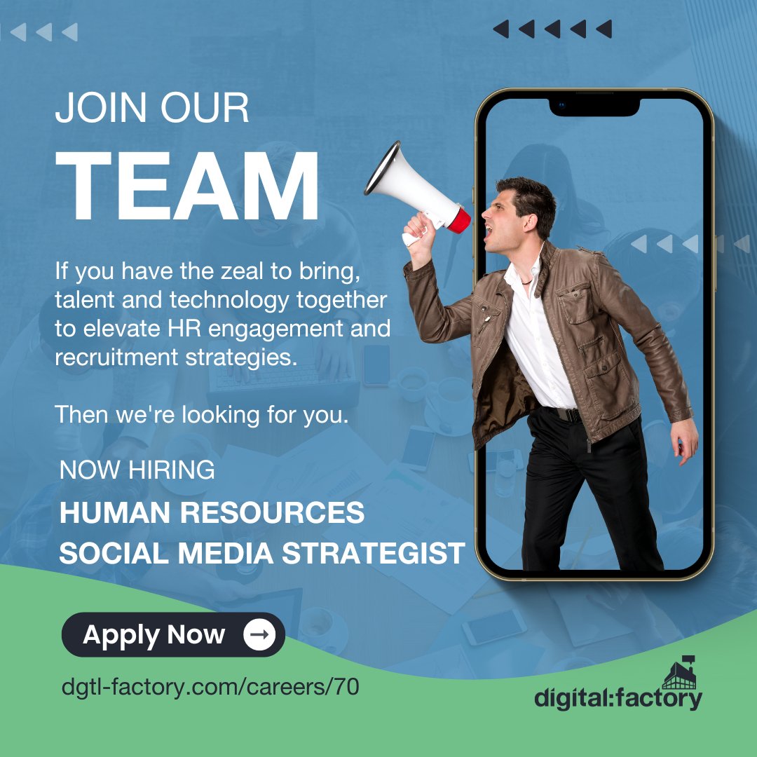 Are you a creative thinker with a passion for HR and social media?  🚀Join us as our HUMAN RESOURCES SOCIAL MEDIA STRATEGIST  and drive our recruitment efforts to new heights!  Apply here: rb.gy/75h5iv   #HRJobs #DigitalEngagement #nowhiring #opentowork