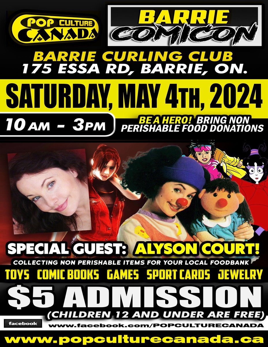Barrie! Come see @ZMThomas and me this Saturday, MAY THE FOURTH, at the Barrie Curling Club. Please bring a non-perishable food item for the local food bank. Hope to see you there😊 #Ewoks #Loonette #XMen #ResidentEvil #Beetlejuice #Comics