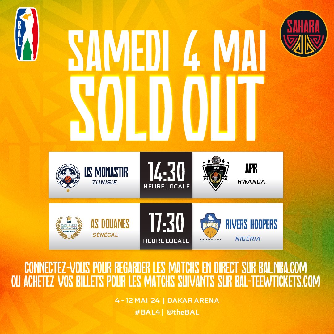 🏟️🇸🇳 The opening day of the Sahara Conference is completely SOLD OUT! 🤩 Get your tickets quickly for the following days on BAL.NBA.com 🎟️ #BAL4