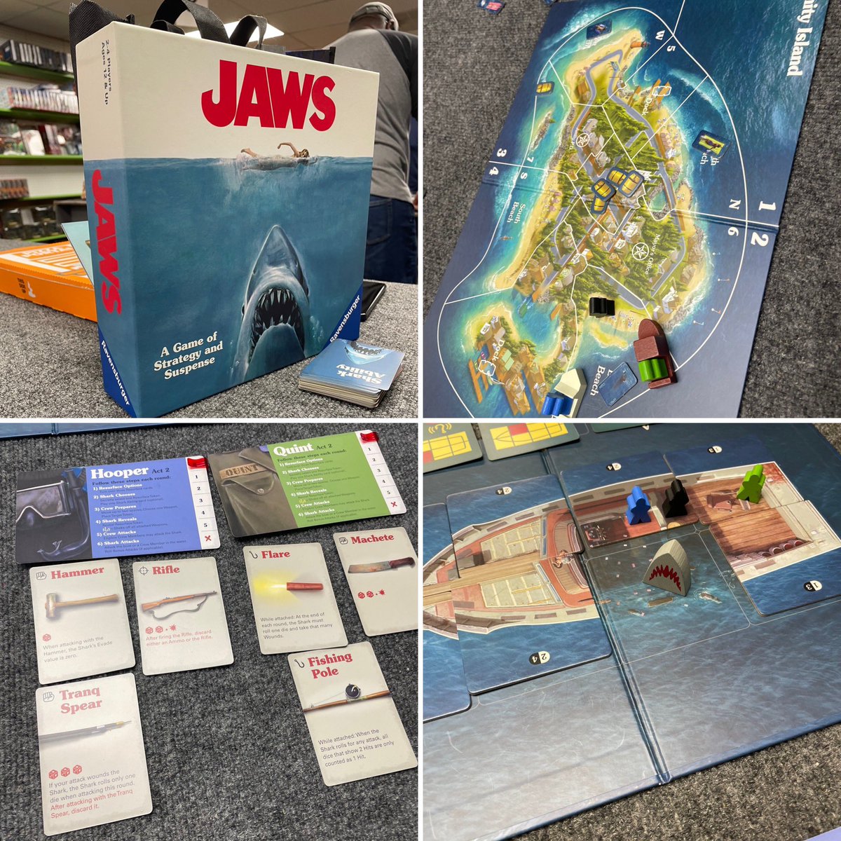 Thursday Night Gamers playing JAWS! I’m off to a bad start. Shark ate six swimmers and took a chunk out of my boat on his first attack. Think I’m gonna need a bigger boat!